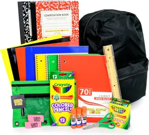 School Supply Boxes | 17" Solid Black Backpack Bundle for Elementary School | Back to School Bookbag with Supplies | Contains Crayons, Colored Pencils, Ruler, Disappearing Glue, Notebooks, and more