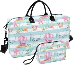 Sea Creature Coral Stripe Sports Gym Bag for Women Men Travel Duffel Bag Weekend Overnight Carry on Bag with Toiletry Bag Hospital Bag for Yoga Workout Swimming Hospital Plane