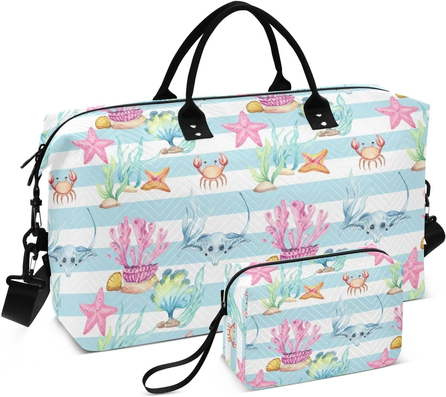 Sea Creature Coral Stripe Sports Gym Bag for Women Men Travel Duffel Bag Weekend Overnight Carry on Bag with Toiletry Bag Hospital Bag for Yoga Workout Swimming Hospital Plane