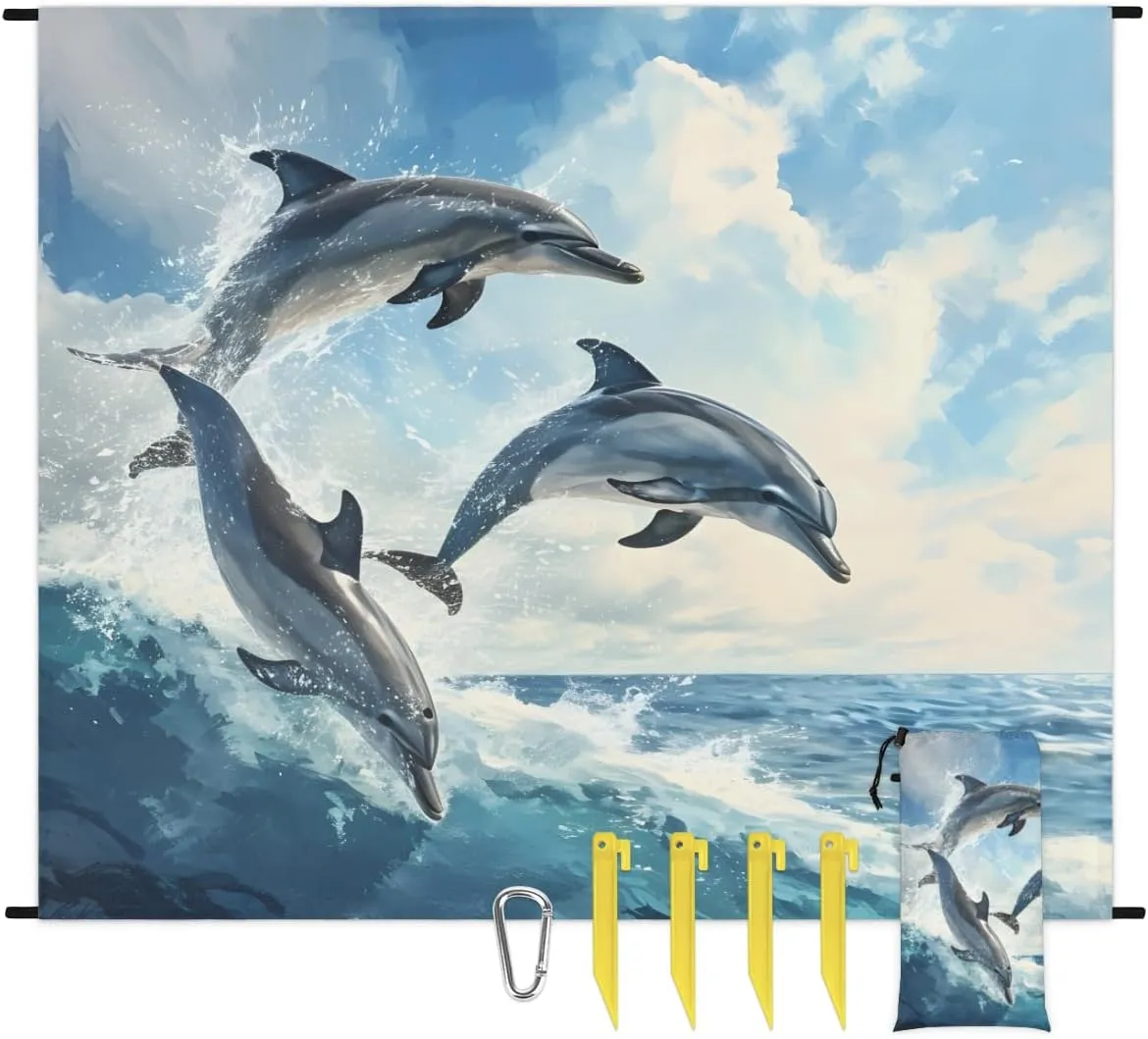 Sea Dolphin Jumping Beach Blanket Waterproof Sandproof Large Lightweight Foldable Polyester Outdoor Picnic Mat with 4 Fixed Stakes 68" X 59" for Beach Camping Hiking Travel Vacation