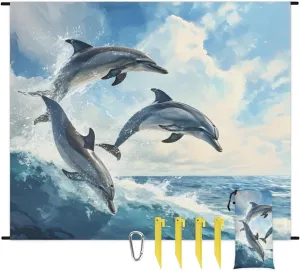Sea Dolphin Jumping Beach Blanket Waterproof Sandproof Large Lightweight Foldable Polyester Outdoor Picnic Mat with 4 Fixed Stakes 68" X 59" for Beach Camping Hiking Travel Vacation