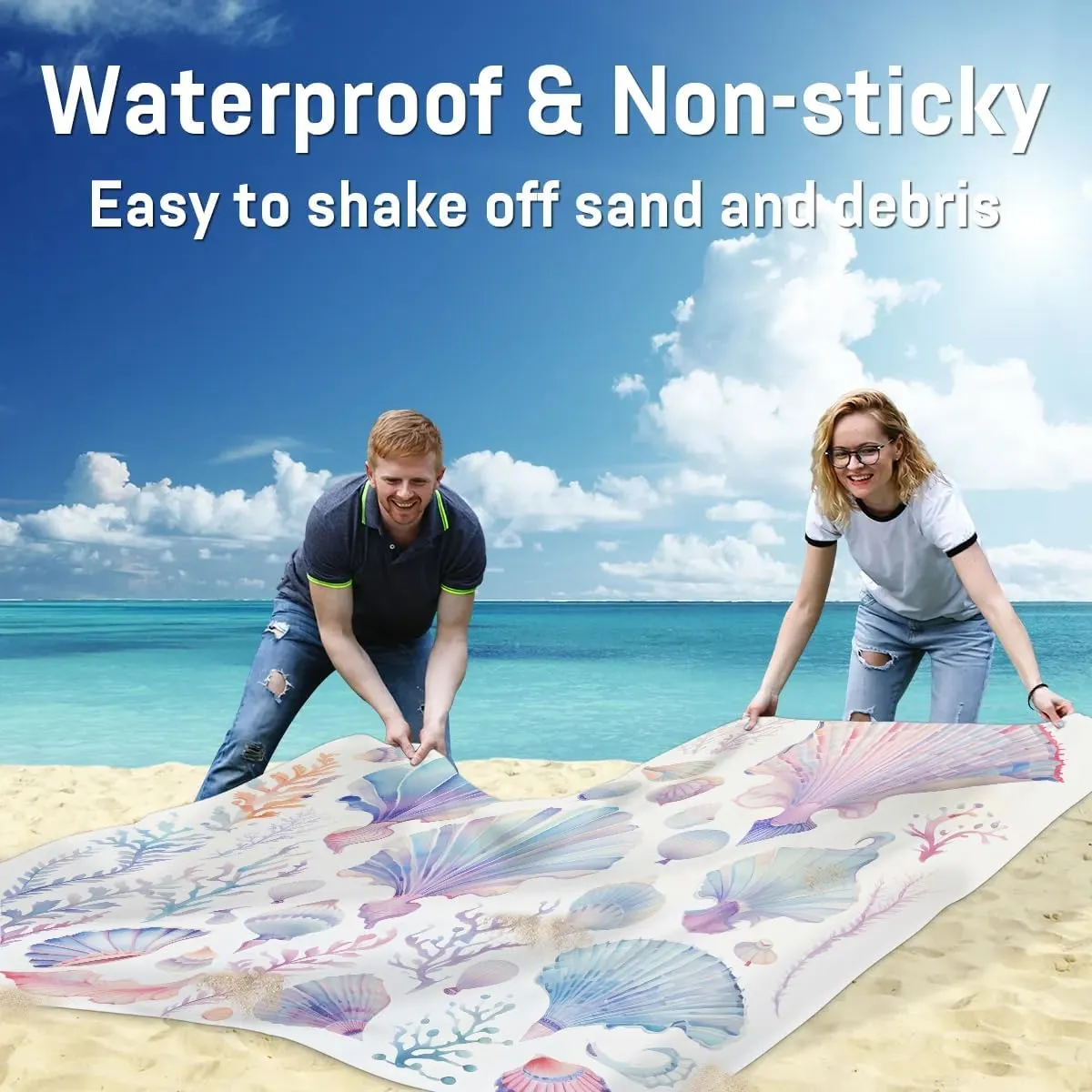 Sea Shells Beach Blanket, Sandproof Beach Mat, 68 x 59 Waterproof Quick Drying Sand Free Mat with 4 x Ground Spikes for Outdoor Travel Camping Hiking, Coastal Ocean Beach