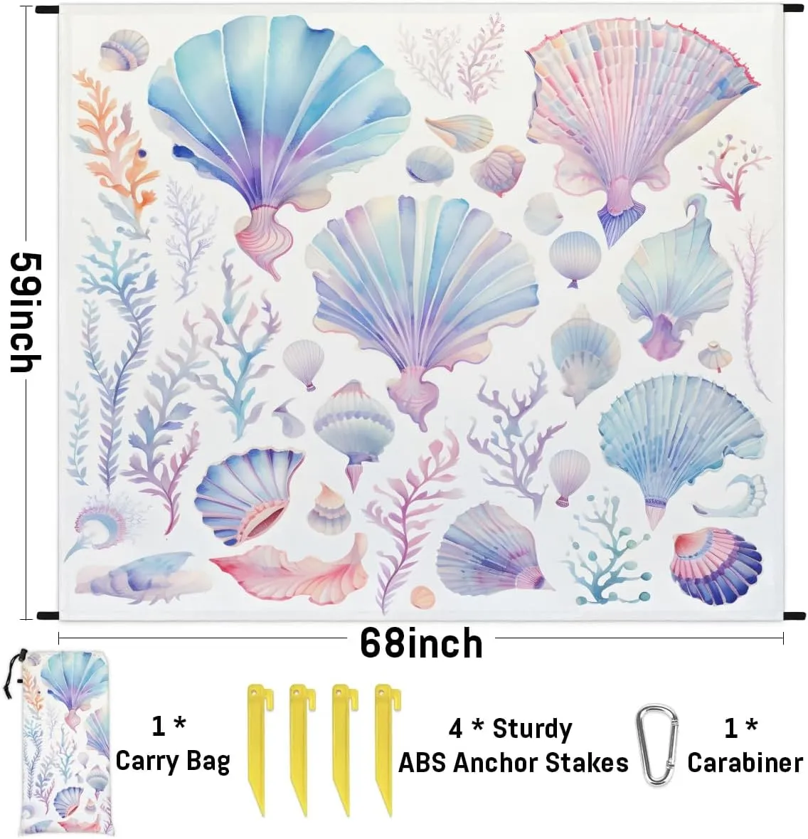 Sea Shells Beach Blanket, Sandproof Beach Mat, 68 x 59 Waterproof Quick Drying Sand Free Mat with 4 x Ground Spikes for Outdoor Travel Camping Hiking, Coastal Ocean Beach