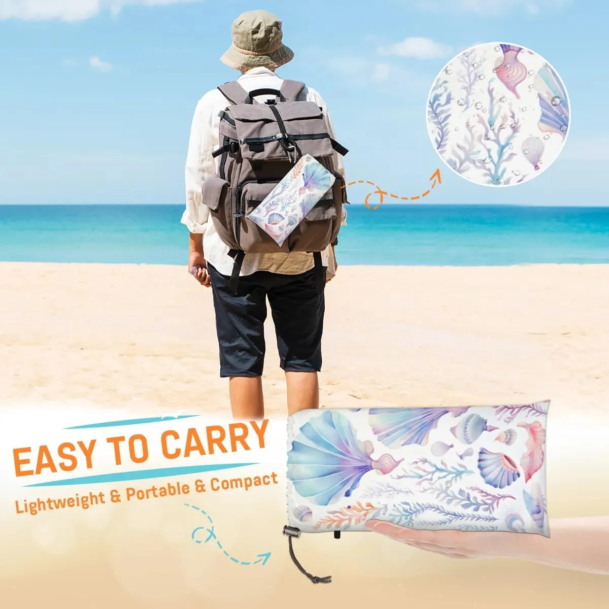 Sea Shells Beach Blanket, Sandproof Beach Mat, 68 x 59 Waterproof Quick Drying Sand Free Mat with 4 x Ground Spikes for Outdoor Travel Camping Hiking, Coastal Ocean Beach