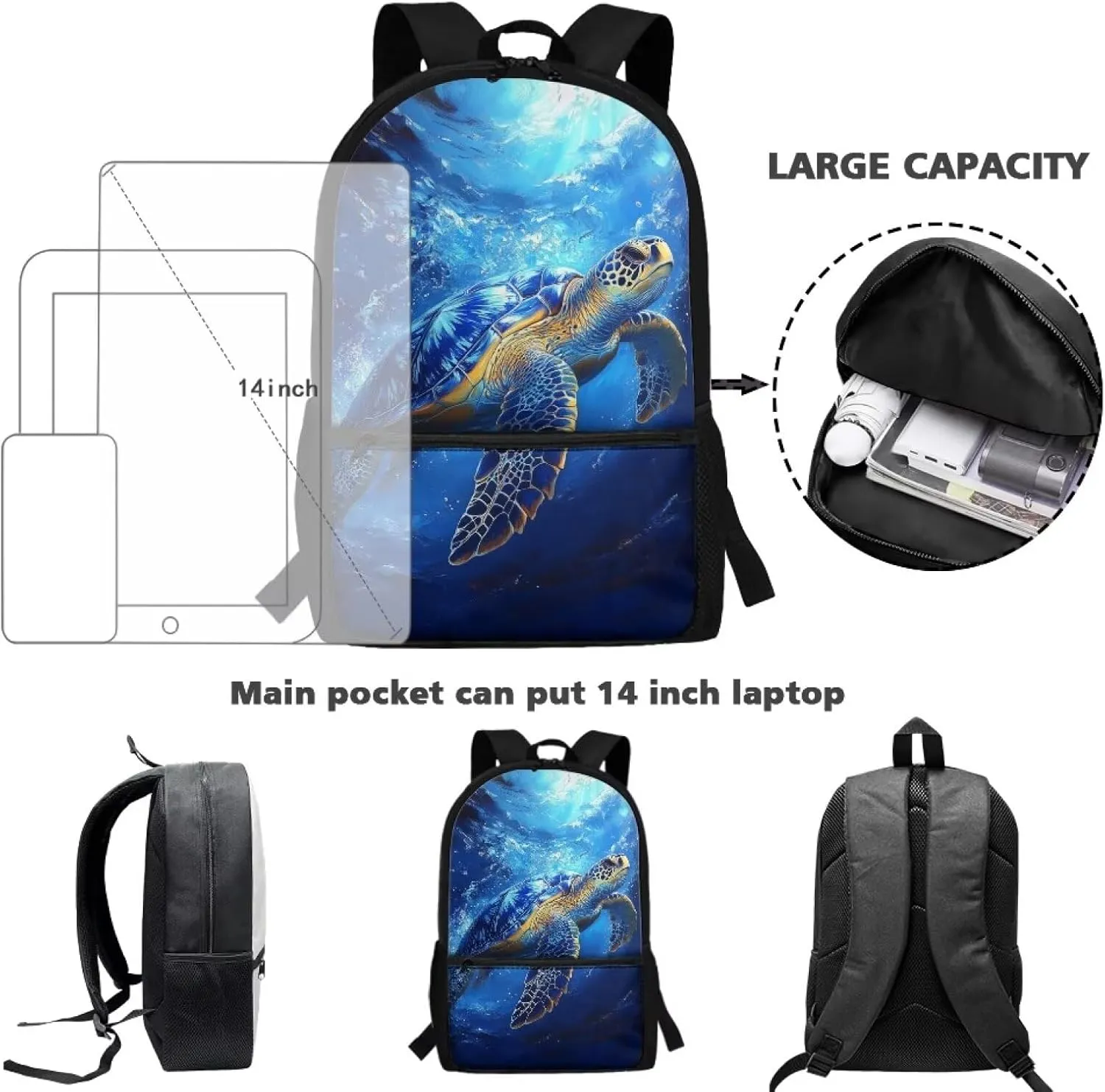 Sea Turtle Backpack for Boys 8-12 Large Size Blue Ocean Rucksack for Traveling Casual Versatile School Satchel for Middle School Teens Large Book Bags