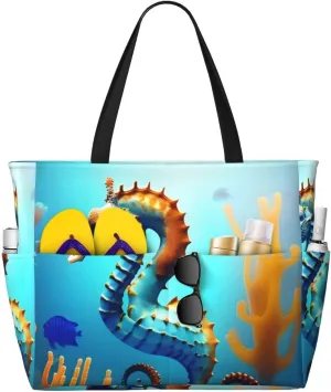 Seabed Coral Seahorse Large Capacity Beach Travel Bag, Women'S Handbag Is Waterproof And Sandproof, Suitable For Travel, Beach Vacation, Etc.