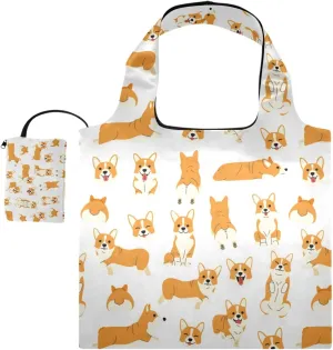 Seamless Cute Corgi Dog Poses Breed Grocery Bag Reusable Foldable Large Polyester Shopping Tote Shoulder Bag