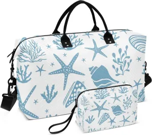 Seashells Algae and Corals Duffle Bags for Women Men Waterproof Weekender Overnight Bags Hospital Bag Large Tote Bag with Toiletry Bag for Yoga Gym Travel Sport Hospital