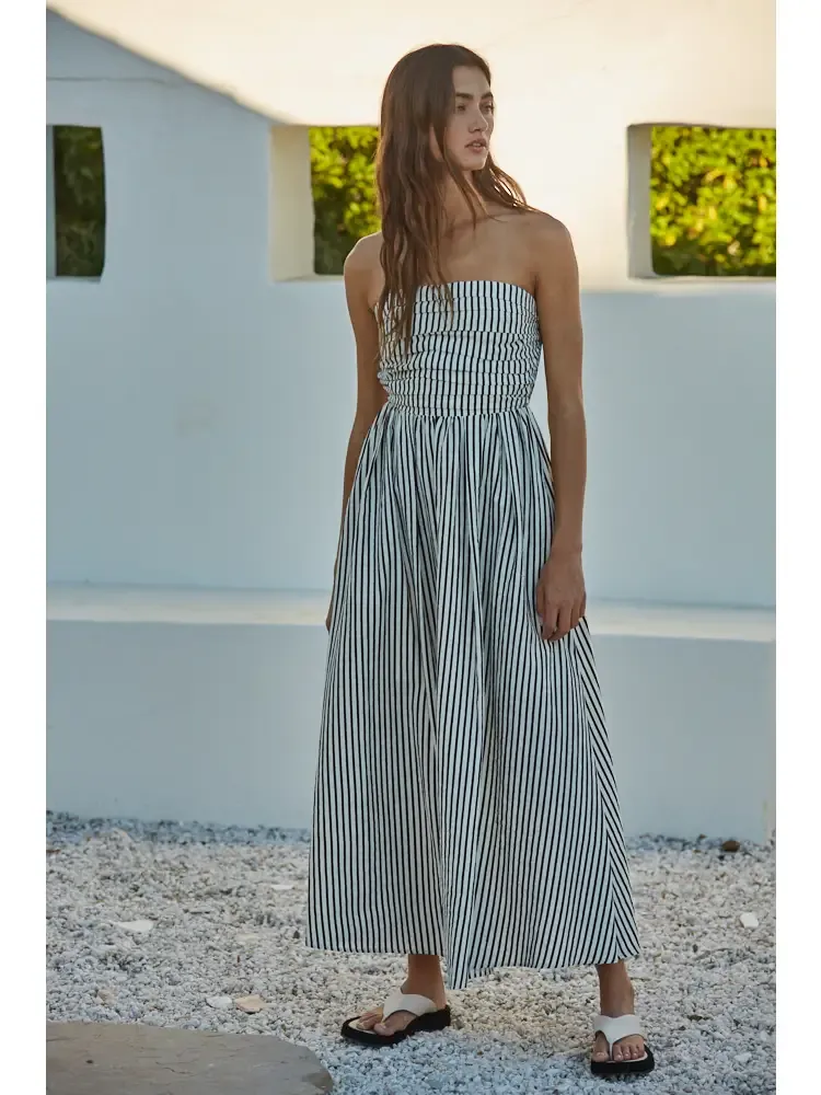 SEASIDE Striped  Strapless Flare Maxi Dress-NATURAL/BLACK