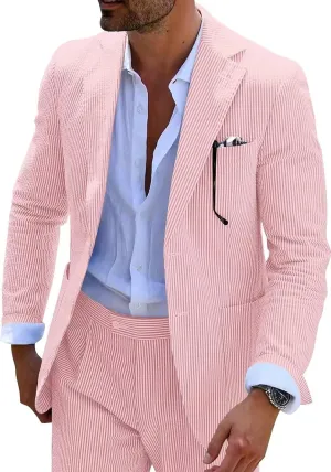 Seersucker Slim Suits for Men Formal Casul Summer Beach Wedding Grooms 2 Piece Blazer Pants Party Striped Suit Sets
