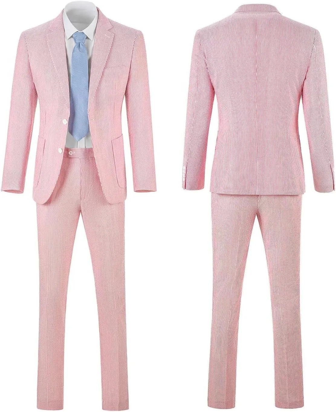 Seersucker Slim Suits for Men Formal Casul Summer Beach Wedding Grooms 2 Piece Blazer Pants Party Striped Suit Sets