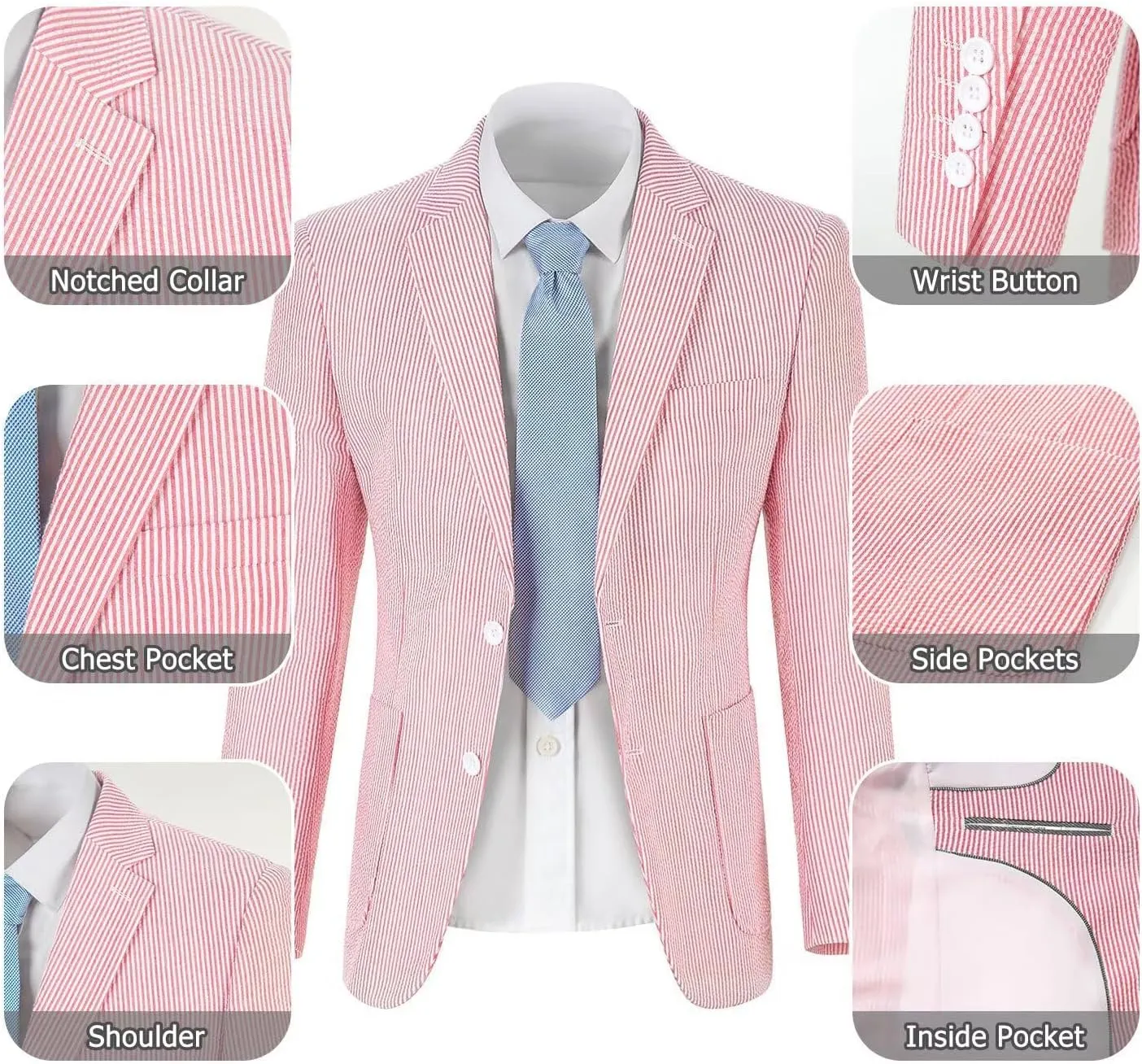 Seersucker Slim Suits for Men Formal Casul Summer Beach Wedding Grooms 2 Piece Blazer Pants Party Striped Suit Sets