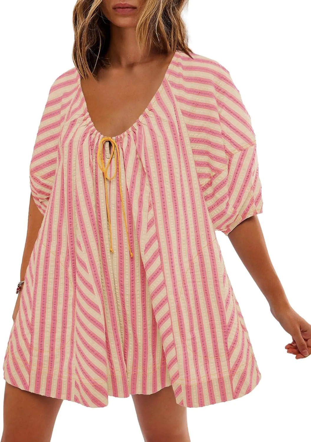 SENSERISE Womens Striped Romper Puff Sleeve Mini Shorts Romper Dress Beach Vacation Outfits with Pockets