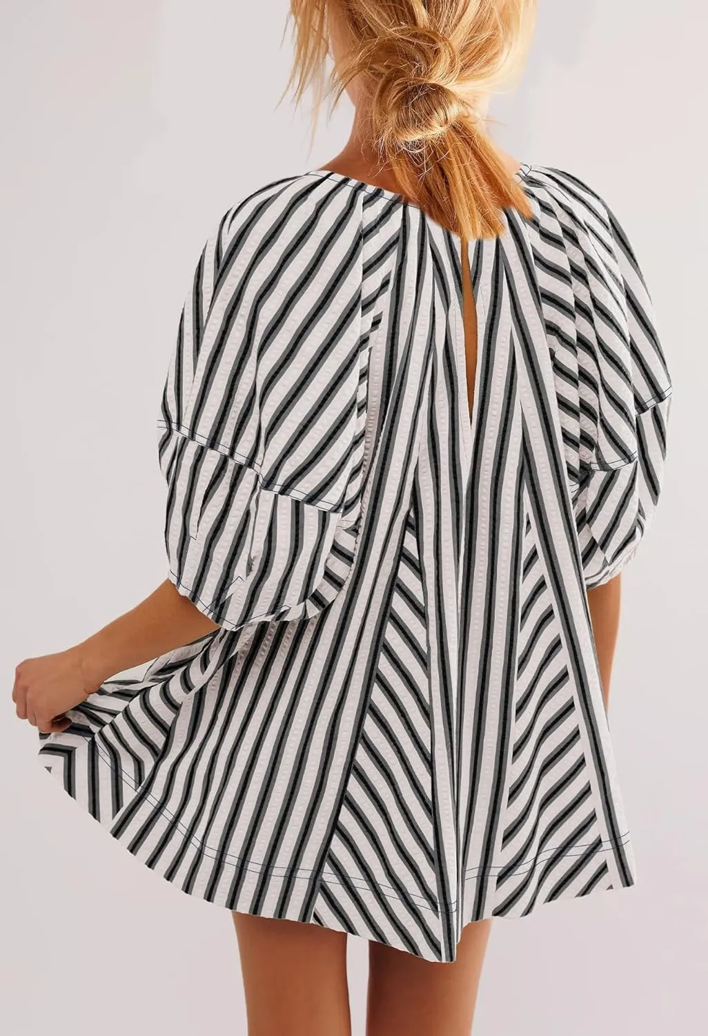 SENSERISE Womens Striped Romper Puff Sleeve Mini Shorts Romper Dress Beach Vacation Outfits with Pockets