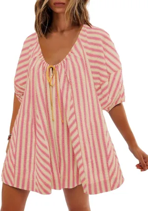 SENSERISE Womens Striped Romper Puff Sleeve Mini Shorts Romper Dress Beach Vacation Outfits with Pockets