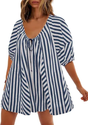 SENSERISE Womens Striped Romper Puff Sleeve Mini Shorts Romper Dress Beach Vacation Outfits with Pockets