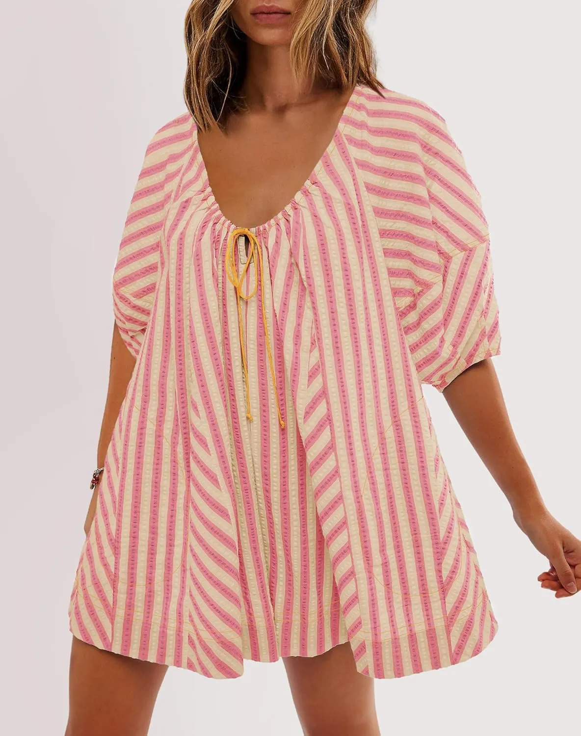 SENSERISE Womens Striped Romper Puff Sleeve Mini Shorts Romper Dress Beach Vacation Outfits with Pockets