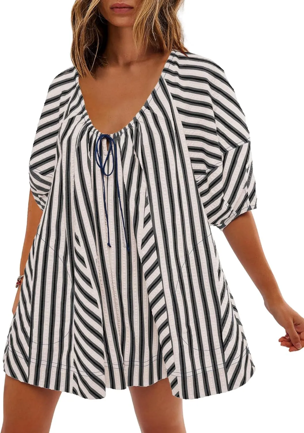 SENSERISE Womens Striped Romper Puff Sleeve Mini Shorts Romper Dress Beach Vacation Outfits with Pockets