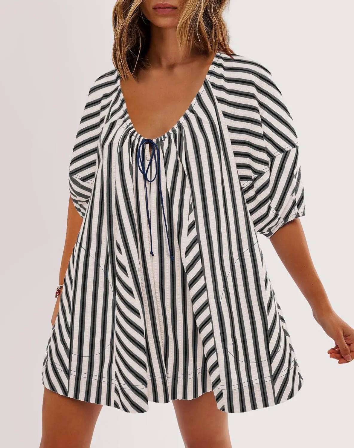 SENSERISE Womens Striped Romper Puff Sleeve Mini Shorts Romper Dress Beach Vacation Outfits with Pockets