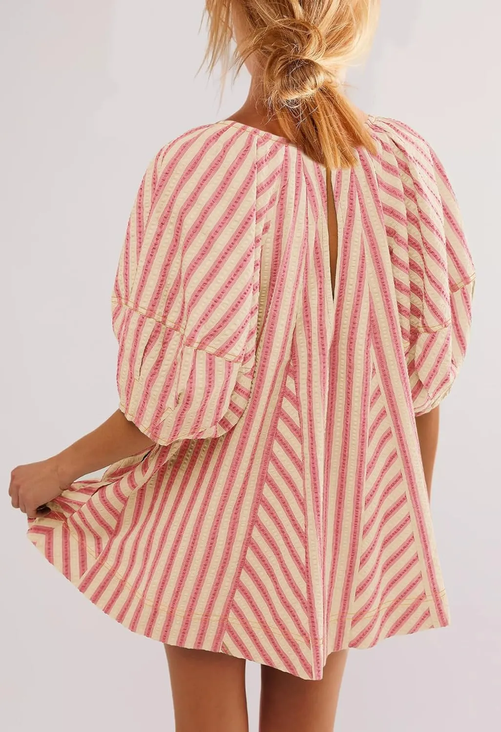 SENSERISE Womens Striped Romper Puff Sleeve Mini Shorts Romper Dress Beach Vacation Outfits with Pockets
