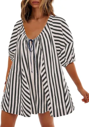 SENSERISE Womens Striped Romper Puff Sleeve Mini Shorts Romper Dress Beach Vacation Outfits with Pockets
