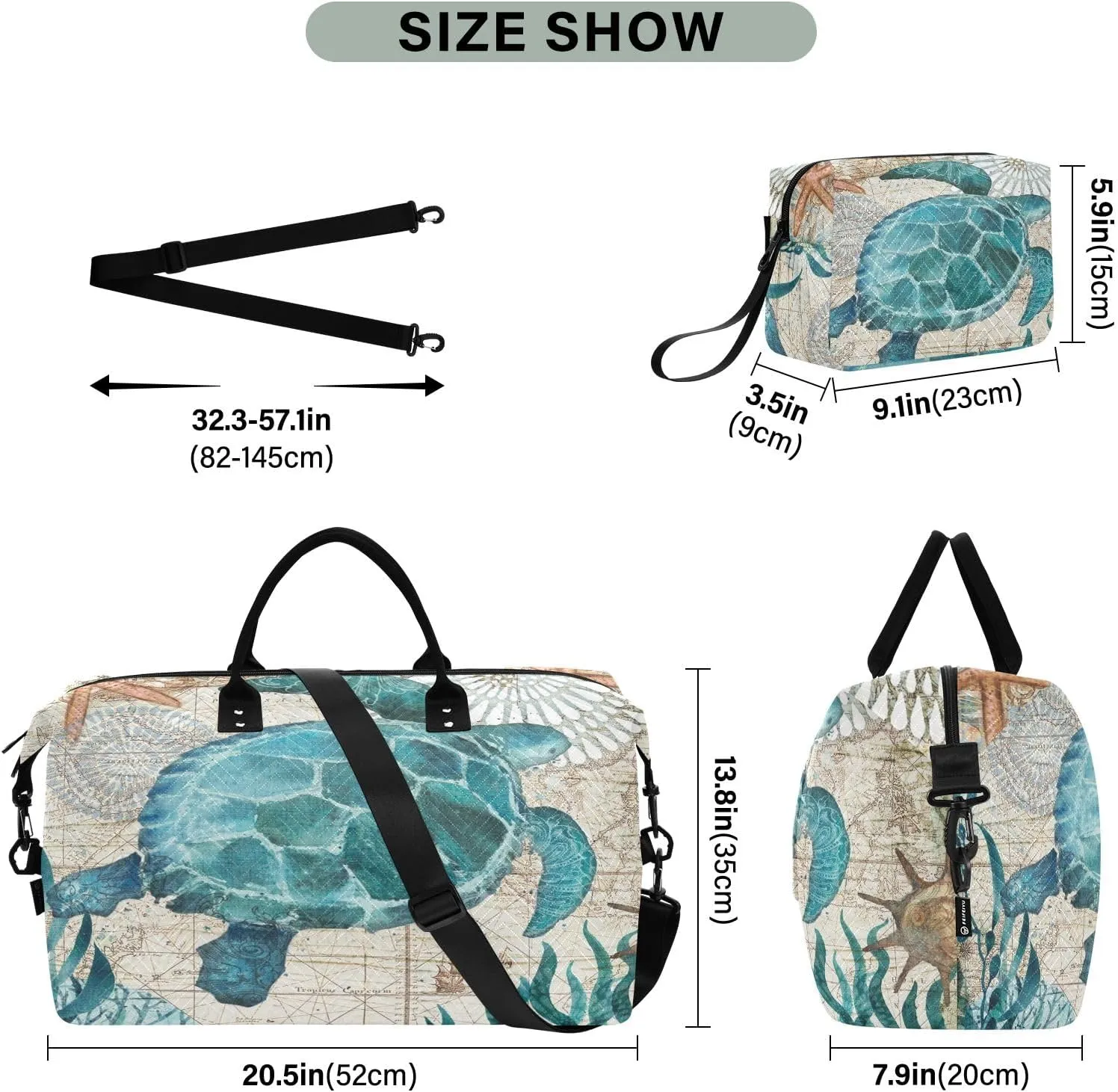senya Weekender Bags Travel Duffel Gym Bag Sea Lives Turtle Coral Carry on Overnight Tote Bag with Toiletry Bag for Airplane Travel Trip Gym Yoga