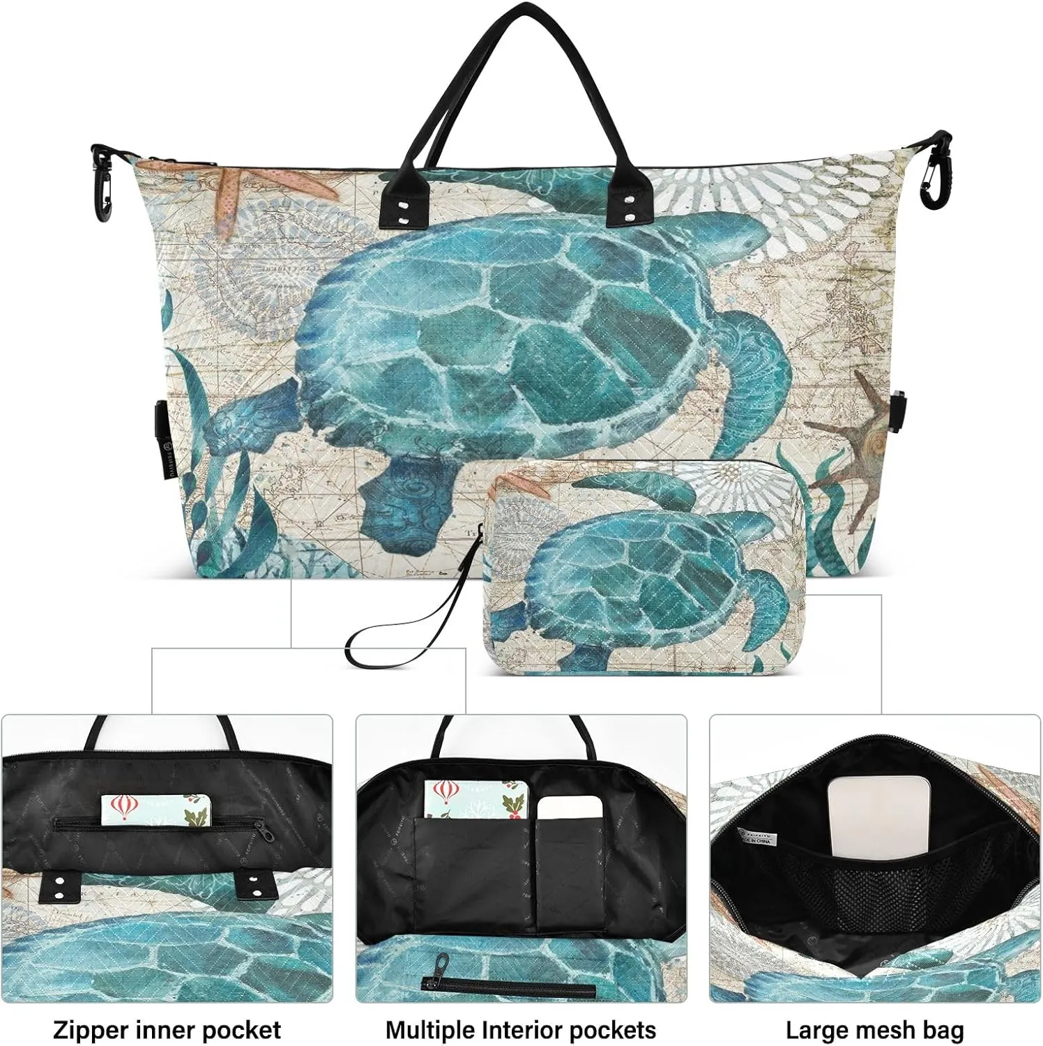 senya Weekender Bags Travel Duffel Gym Bag Sea Lives Turtle Coral Carry on Overnight Tote Bag with Toiletry Bag for Airplane Travel Trip Gym Yoga