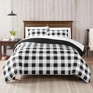 Serta Simply Clean Alex Soft 5 Piece Buffalo Check Plaid Bed in A Bag Complete Bedding Comforter Set with Sheets and Pillow Cases for All Season, Twin/Twin XL, Black/White