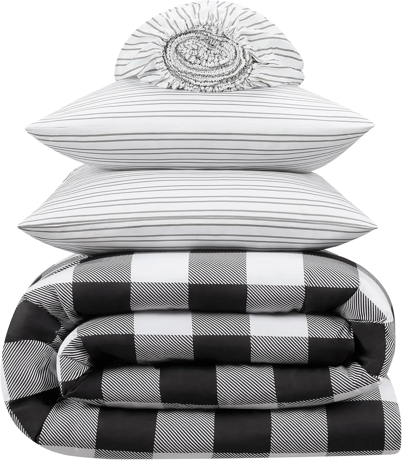 Serta Simply Clean Alex Soft 5 Piece Buffalo Check Plaid Bed in A Bag Complete Bedding Comforter Set with Sheets and Pillow Cases for All Season, Twin/Twin XL, Black/White