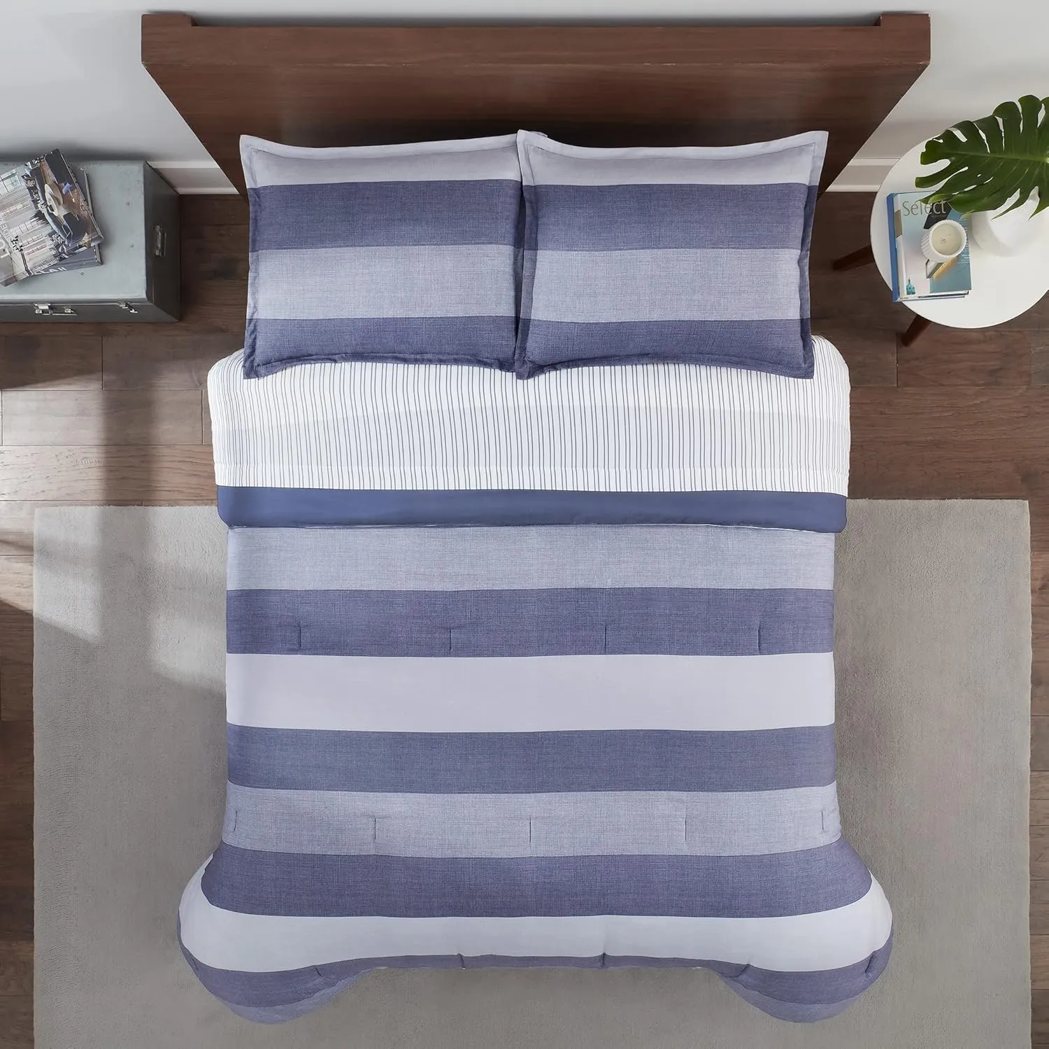 Serta Simply Clean Billy Soft 7 Piece Textured Stripe Bed in a Bag Complete Bedding Comforter Set with Sheets and Pillow Cases for All Season, Full, Blue
