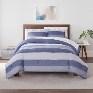 Serta Simply Clean Billy Soft 7 Piece Textured Stripe Bed in a Bag Complete Bedding Comforter Set with Sheets and Pillow Cases for All Season, Full, Blue