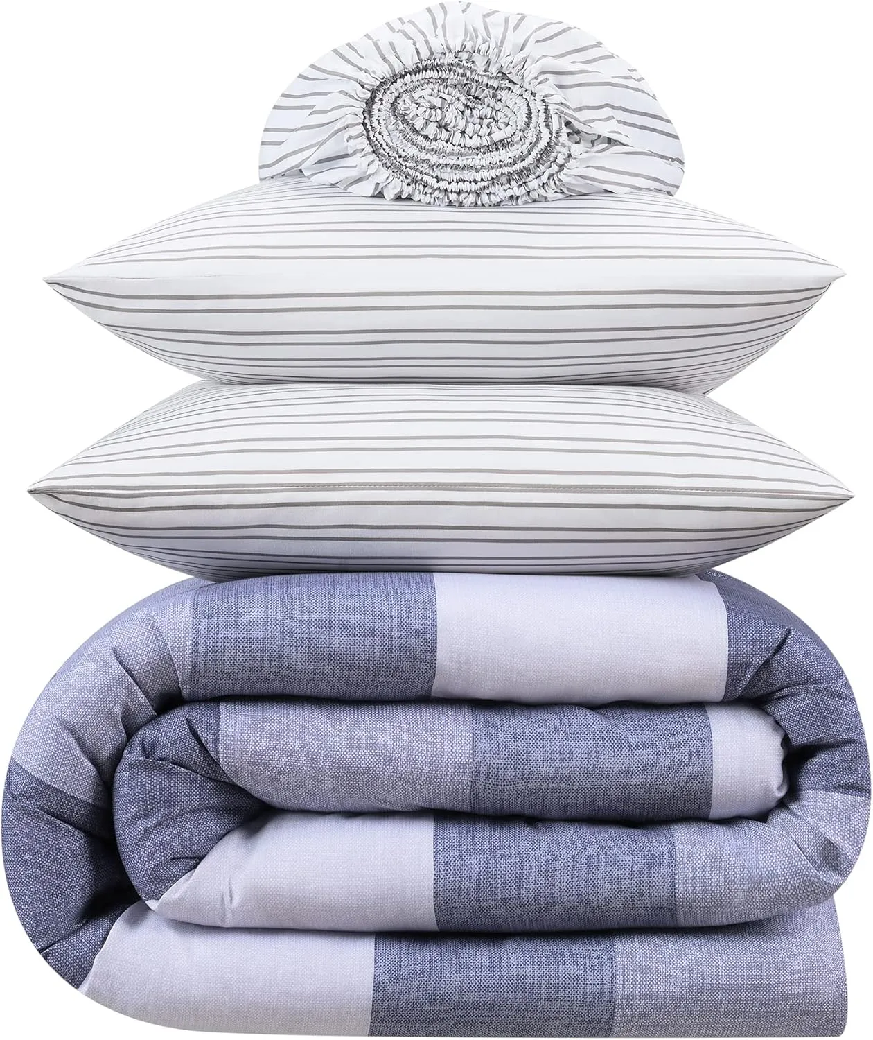 Serta Simply Clean Billy Soft 7 Piece Textured Stripe Bed in a Bag Complete Bedding Comforter Set with Sheets and Pillow Cases for All Season, Full, Blue