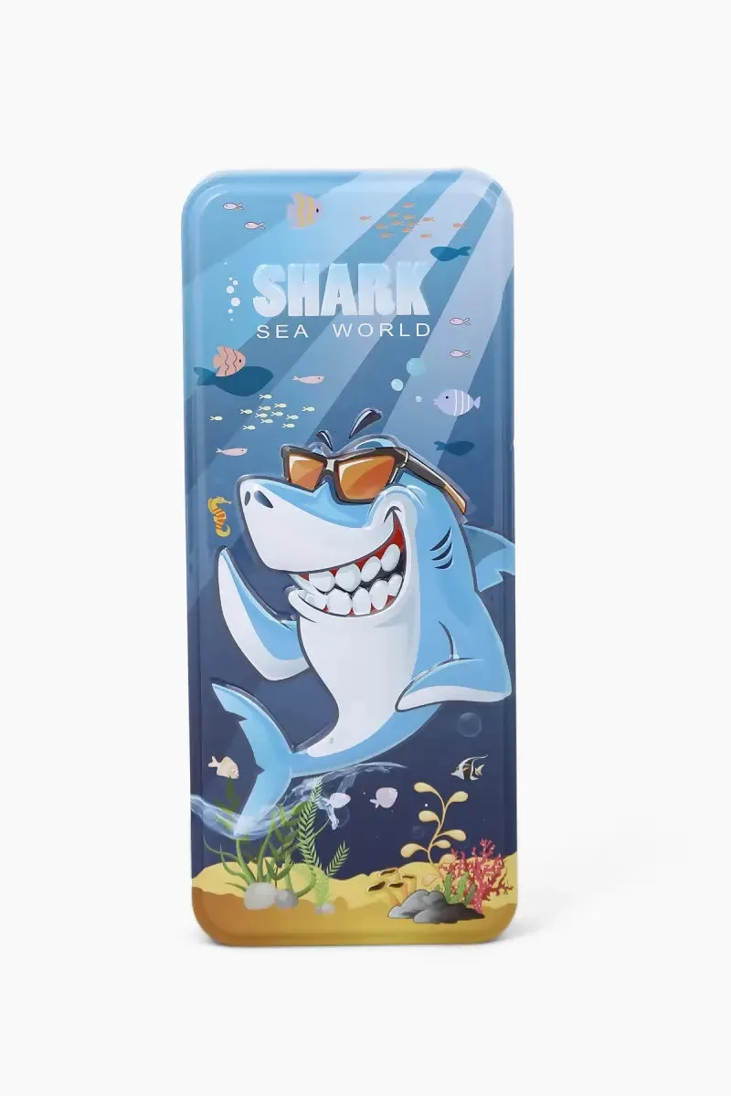Shark Printed Metal Pencil Case for Kids (Sky blue) - Pack of 1