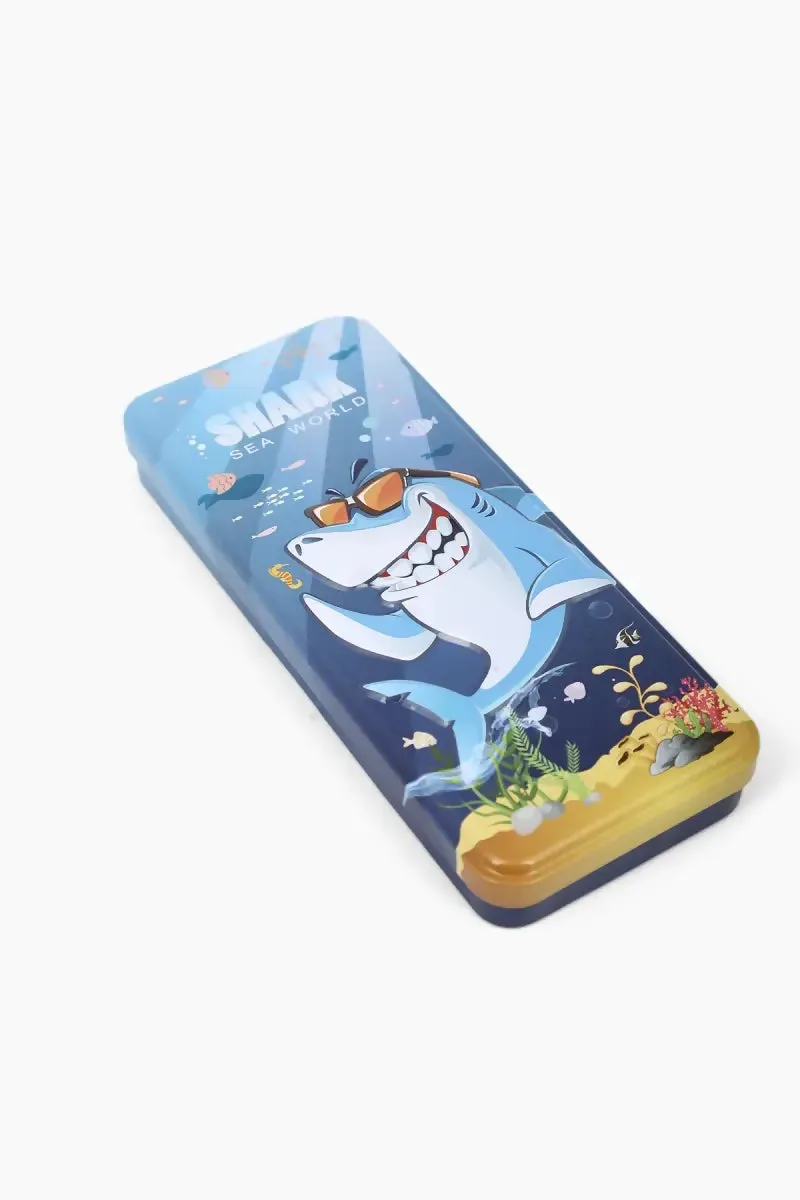 Shark Printed Metal Pencil Case for Kids (Sky blue) - Pack of 1