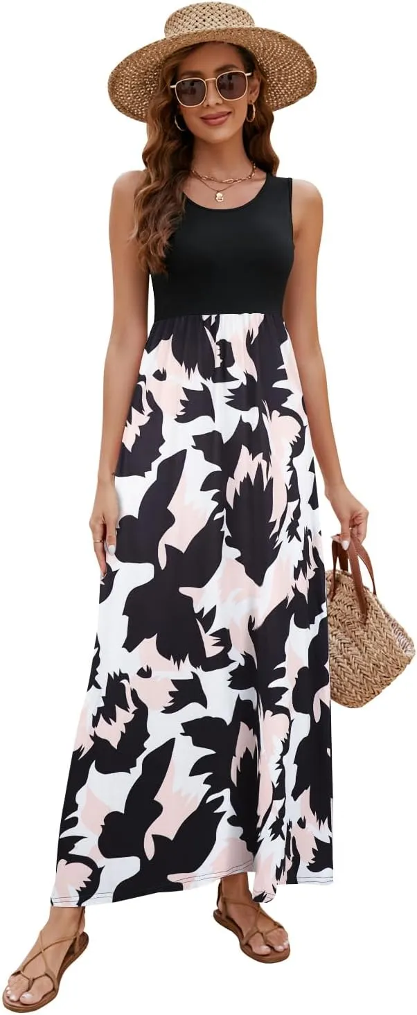 Sherosa Women Boho Chevron Striped Floral Printed Summer Sleeveless Tank Long Maxi Party Dress