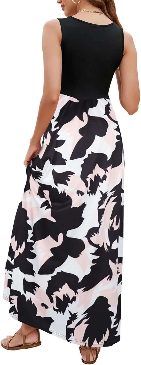 Sherosa Women Boho Chevron Striped Floral Printed Summer Sleeveless Tank Long Maxi Party Dress