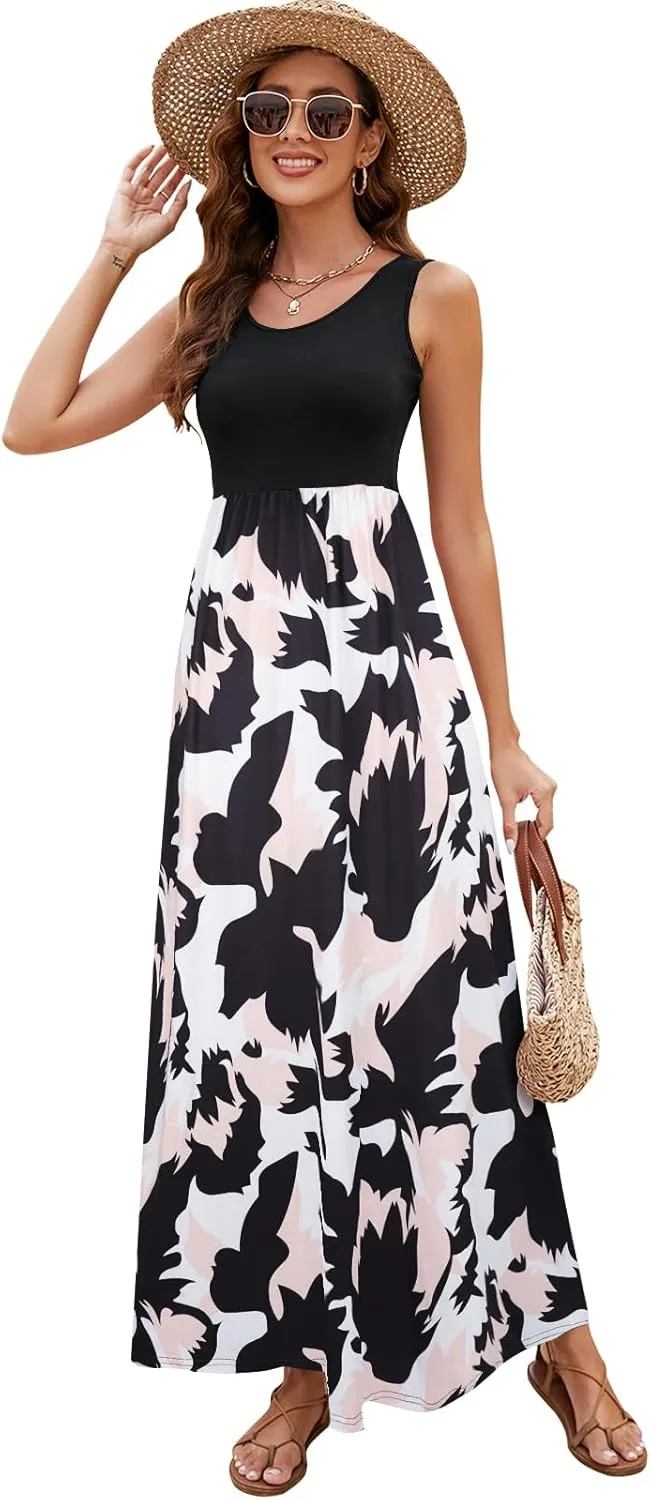 Sherosa Women Boho Chevron Striped Floral Printed Summer Sleeveless Tank Long Maxi Party Dress