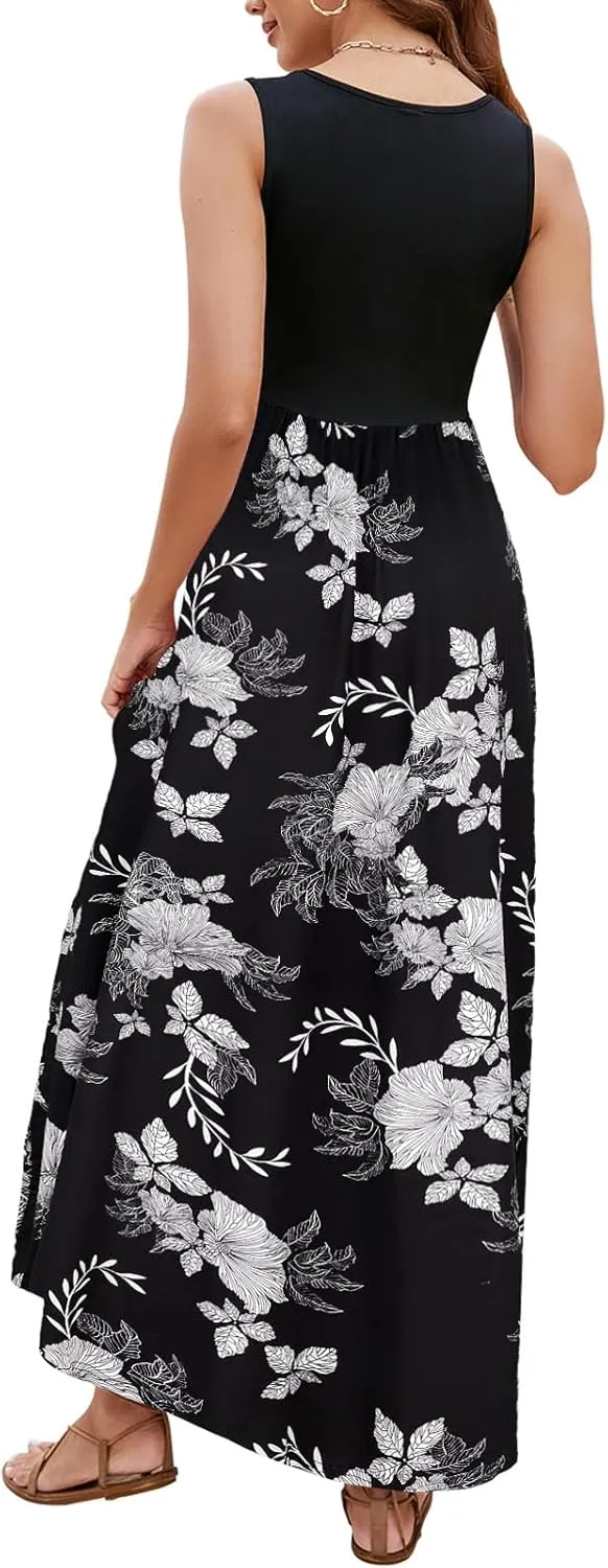 Sherosa Women Boho Chevron Striped Floral Printed Summer Sleeveless Tank Long Maxi Party Dress