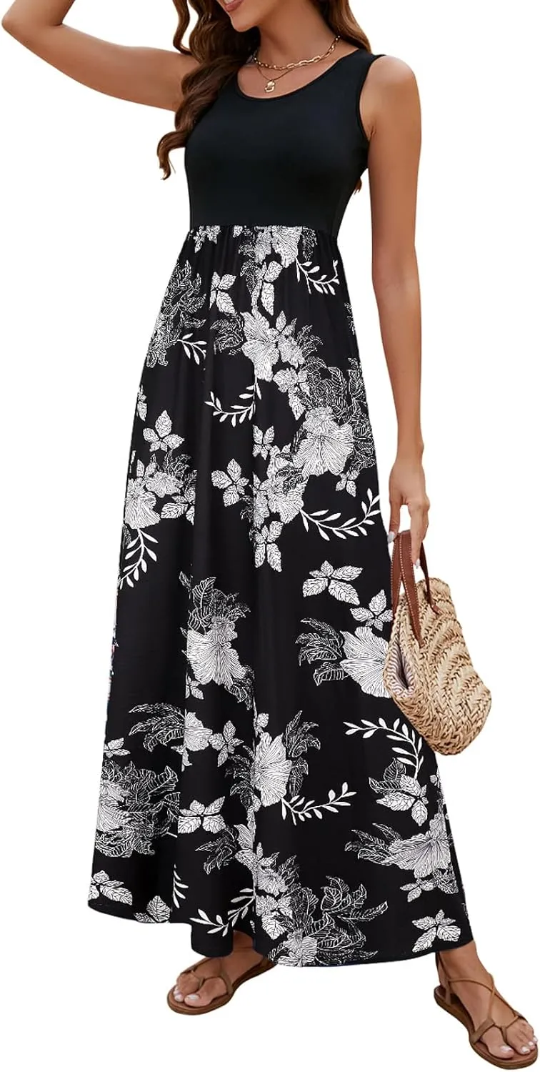 Sherosa Women Boho Chevron Striped Floral Printed Summer Sleeveless Tank Long Maxi Party Dress