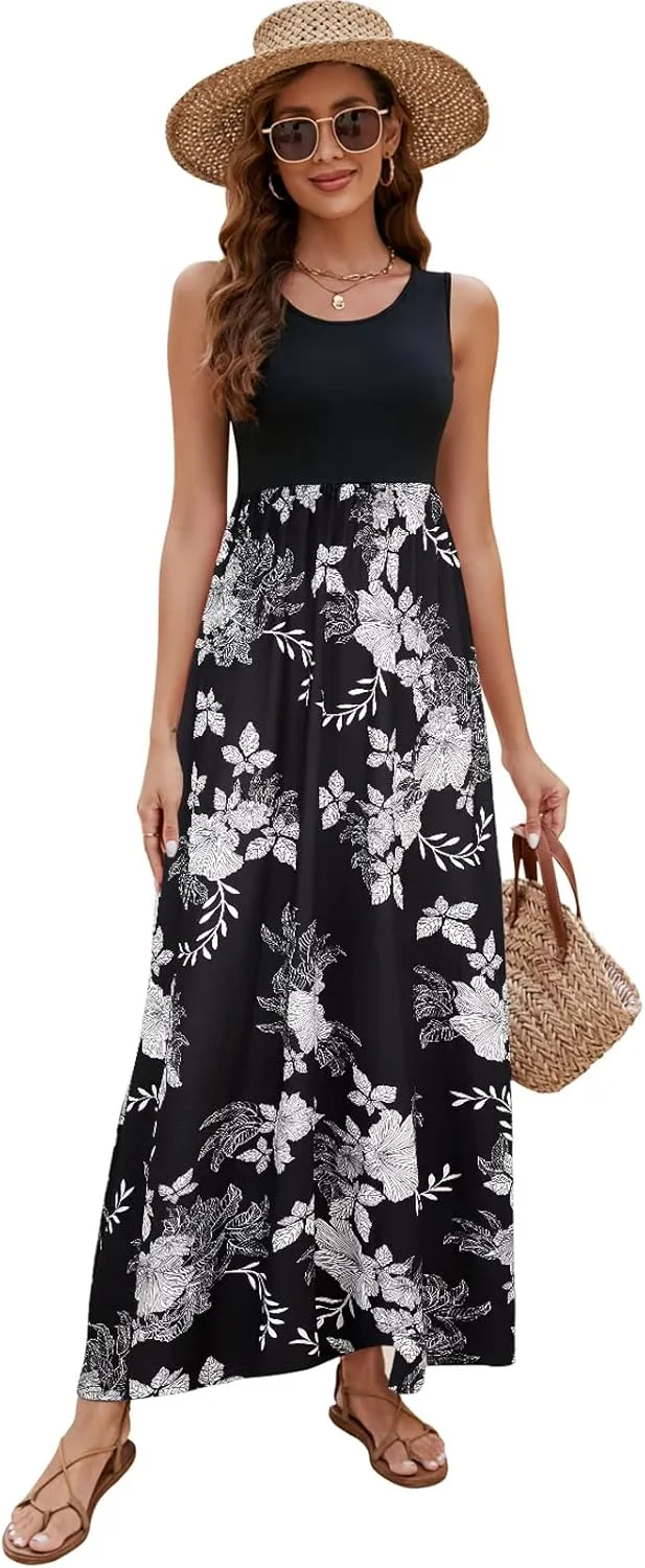 Sherosa Women Boho Chevron Striped Floral Printed Summer Sleeveless Tank Long Maxi Party Dress