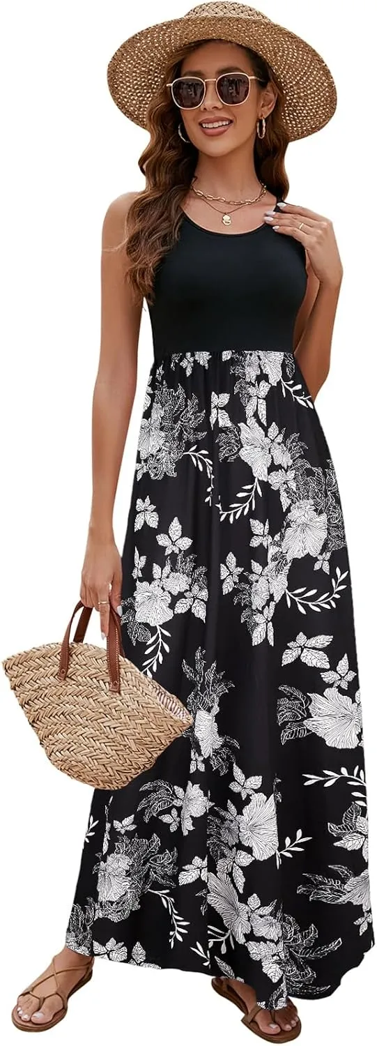 Sherosa Women Boho Chevron Striped Floral Printed Summer Sleeveless Tank Long Maxi Party Dress