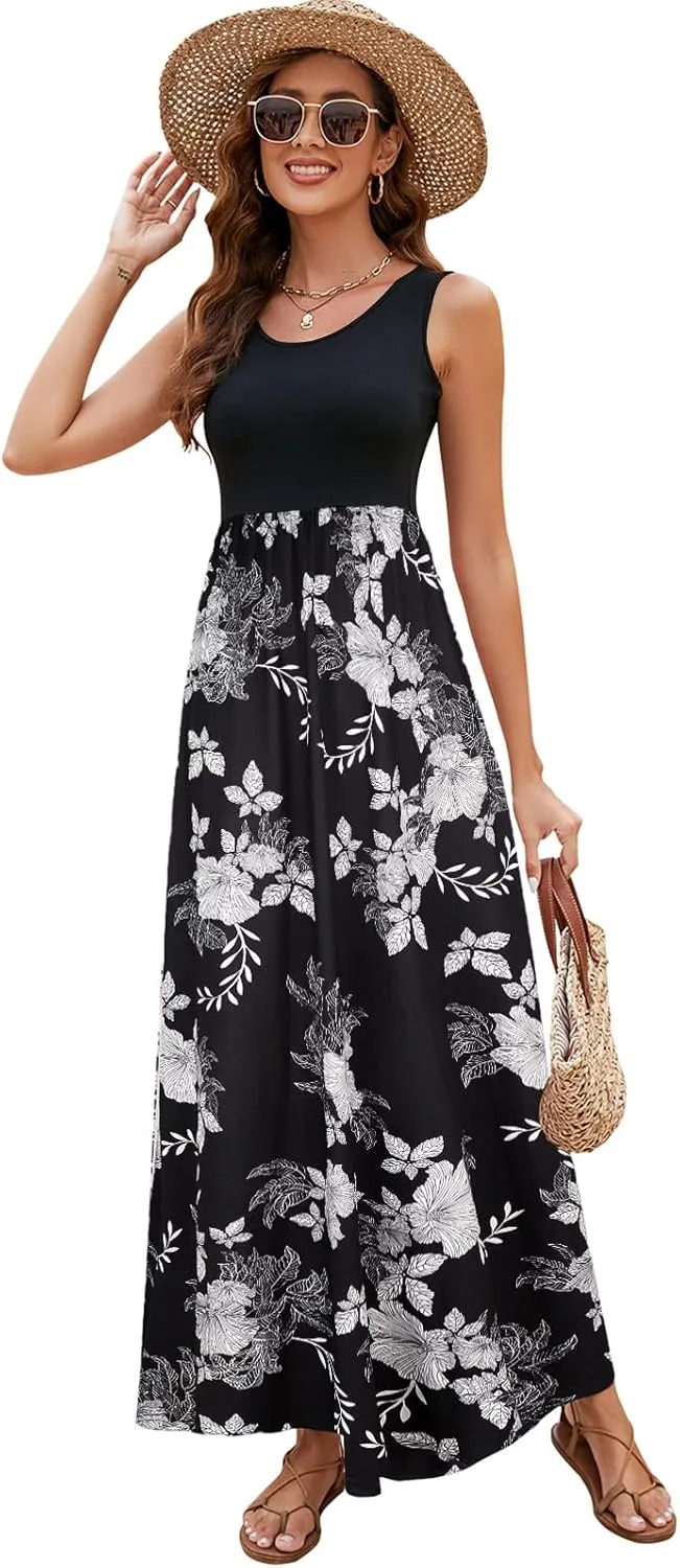 Sherosa Women Boho Chevron Striped Floral Printed Summer Sleeveless Tank Long Maxi Party Dress