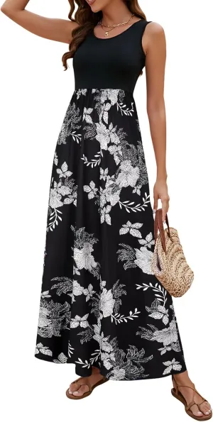 Sherosa Women Boho Chevron Striped Floral Printed Summer Sleeveless Tank Long Maxi Party Dress