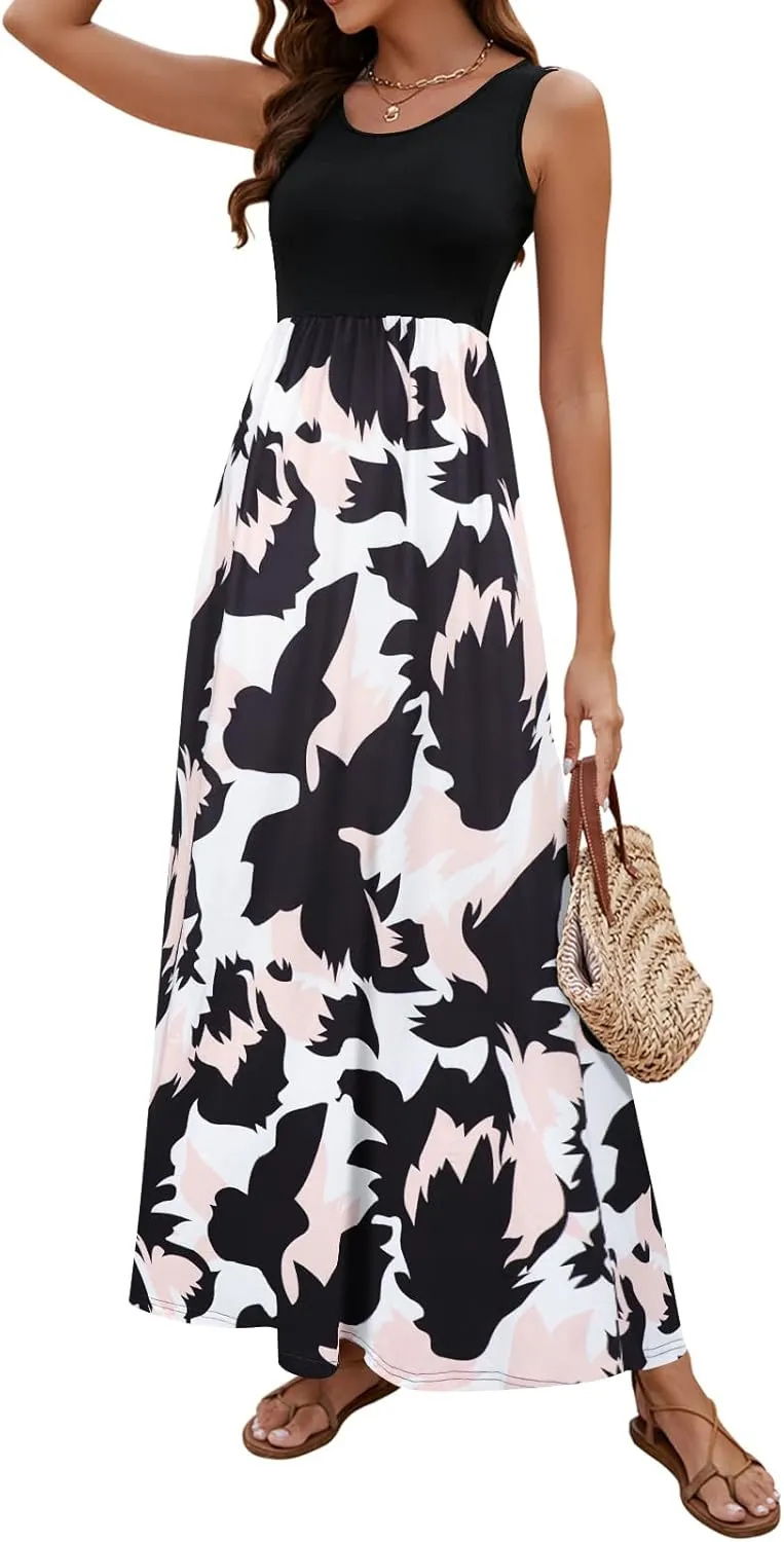 Sherosa Women Boho Chevron Striped Floral Printed Summer Sleeveless Tank Long Maxi Party Dress