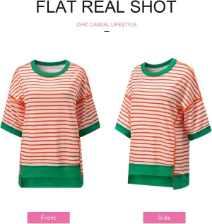 SHEWIN Womens Tops Casual Short Sleeve Sweatshirt Striped Shirt Crewneck Pullover T Shirts Loose Blouses