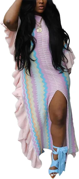 SHINFY Women Sweater Dress Fall Casual Loose Cable Knit Ruffle Striped Crochet Long Maxi Pullover Sweater Dresses with Slit