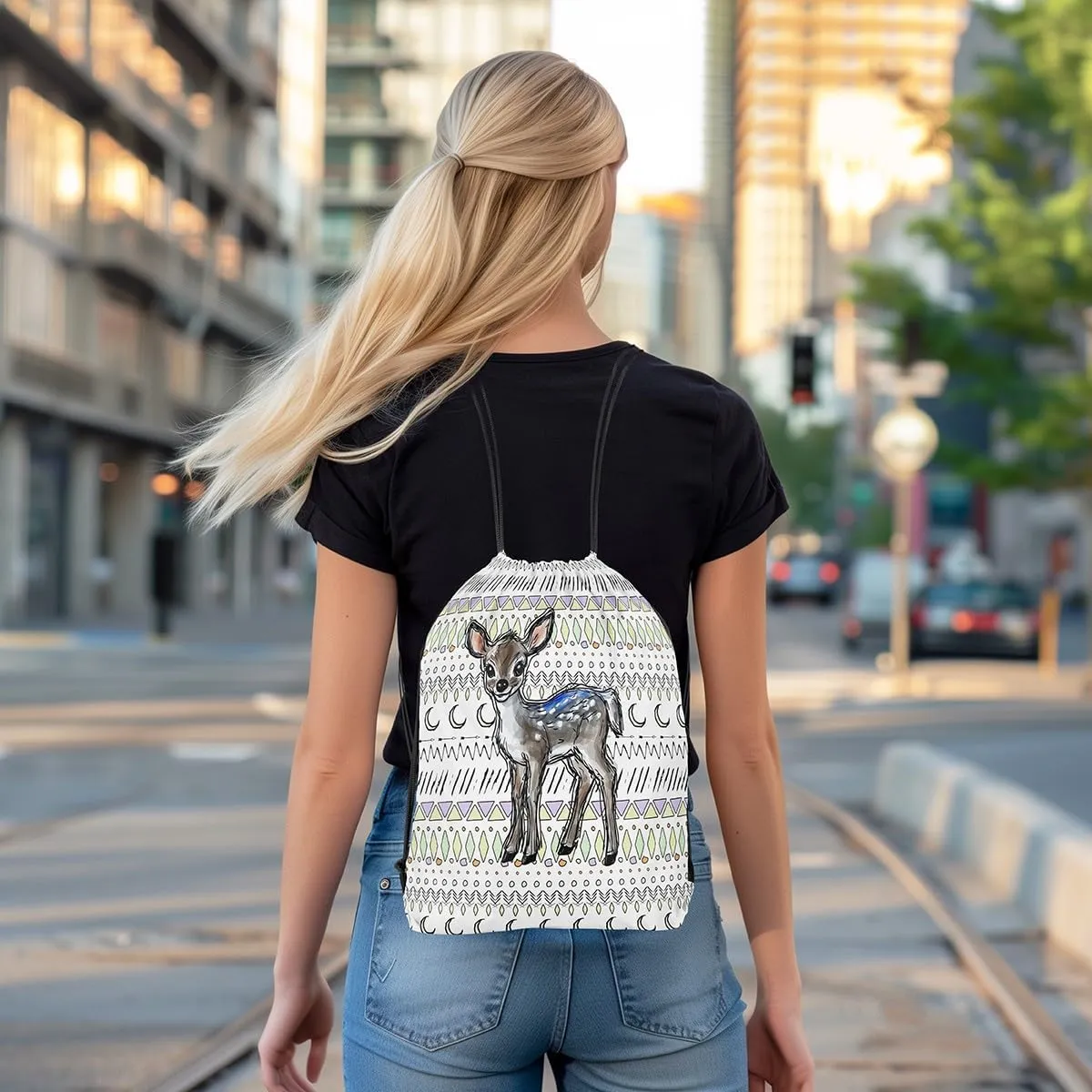 Sika Deer Drawstring Backpack 13x15.7 Boho Safari String Bag Tribal Purple Yellow White Sackpack foldable Cinch Bag