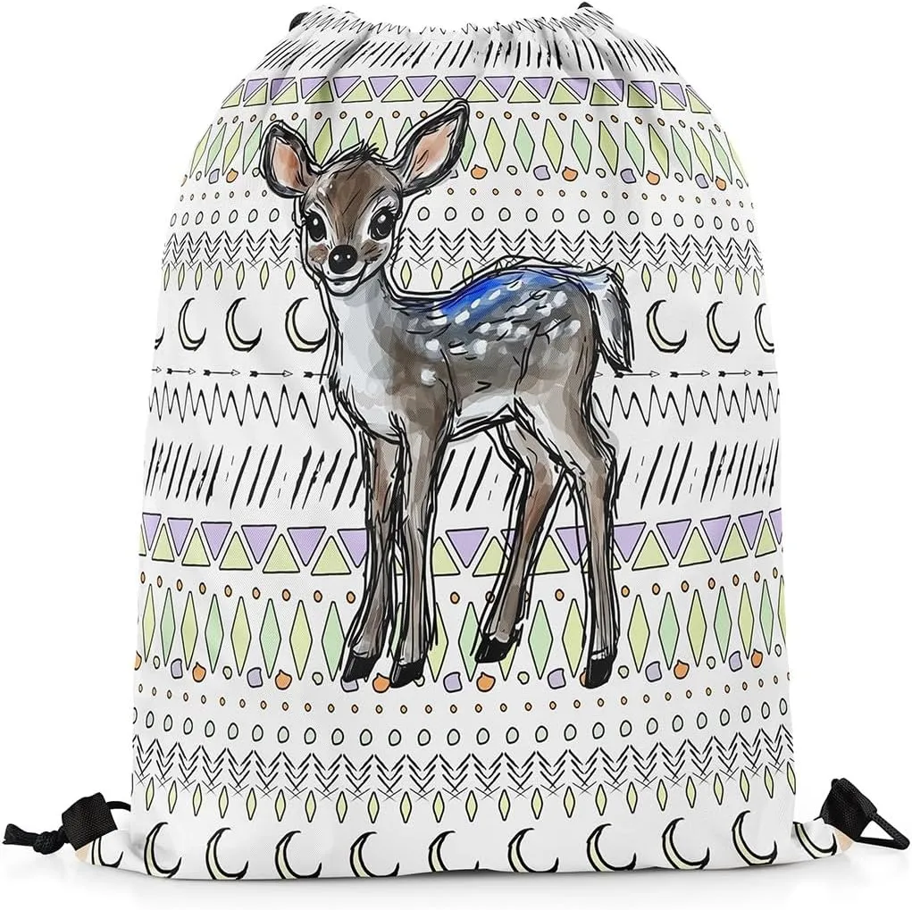 Sika Deer Drawstring Backpack 13x15.7 Boho Safari String Bag Tribal Purple Yellow White Sackpack foldable Cinch Bag