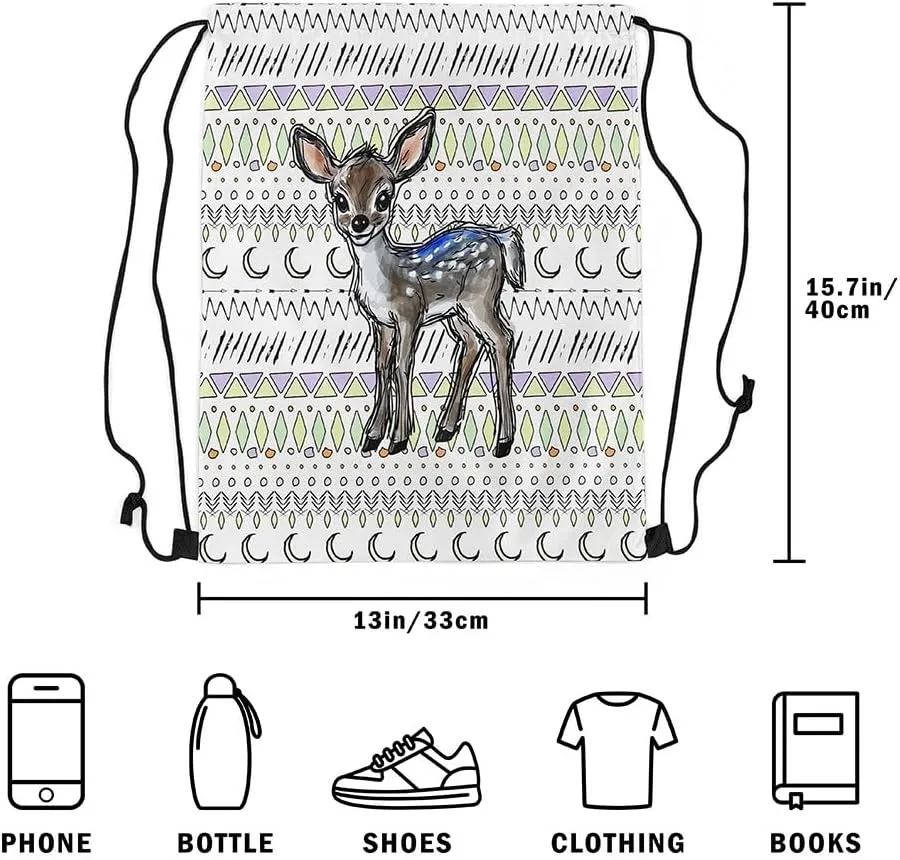 Sika Deer Drawstring Backpack 13x15.7 Boho Safari String Bag Tribal Purple Yellow White Sackpack foldable Cinch Bag