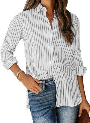 siliteelon Womens Button Down Shirts Cotton Striped Dress Shirt Long Sleeve Collared Office Work Blouses Tops
